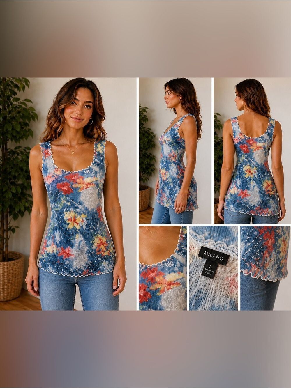 Milano Floral Crinkle Mesh tunic tank top Size Large